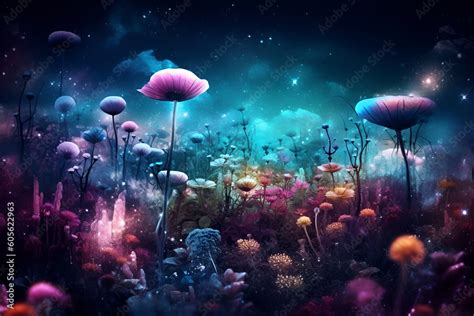 abstract fantasy space plants  glowing flowers extraterrestrial galaxy background
