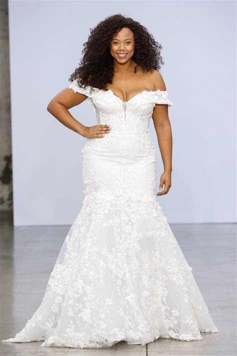 off the shoulder lace mermaid wedding dress with floral appliqué