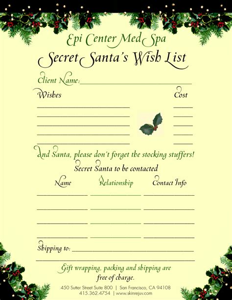 secret santa  list template printable  printable templates