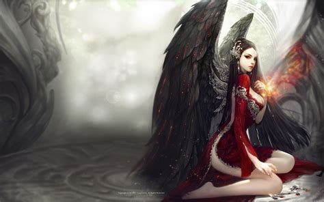 Download 2880x1800 Aion Online Fallen Angel Dark Wings Red Dress