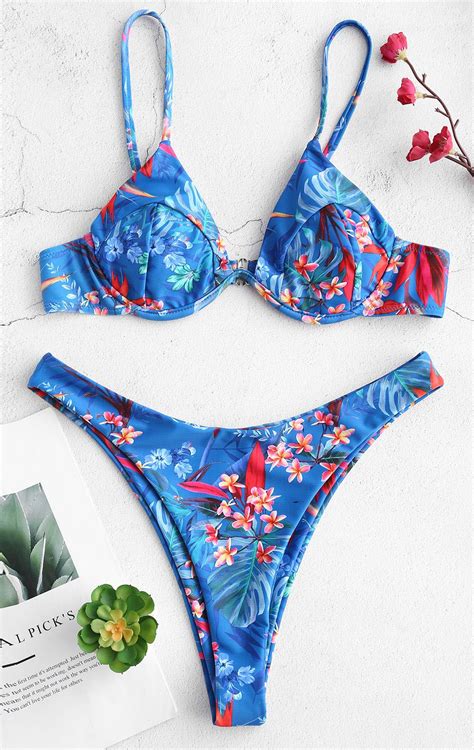 Padded Floral Cami Bikini Set Blueberry Blue Women Swimsuits Style
