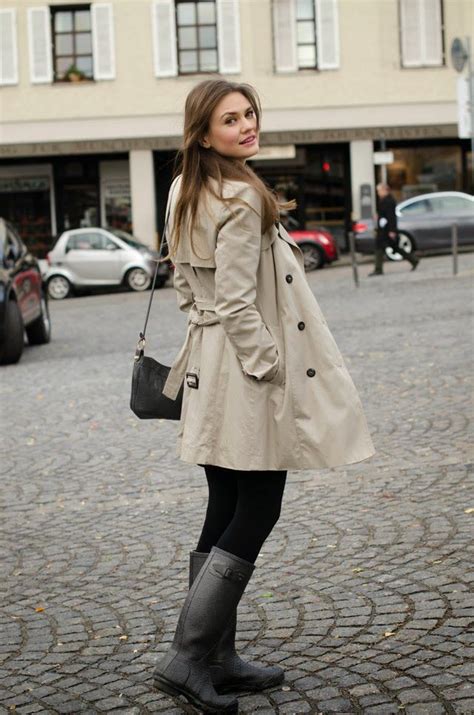 trench and hunter boots with images fashion clothes