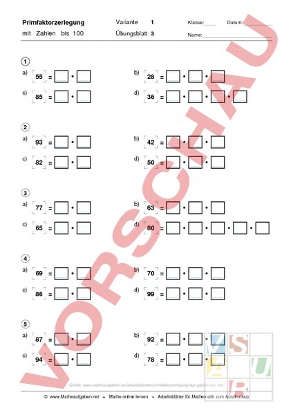 arbeitsblatt primfaktorzerlegung mathematik gemischte