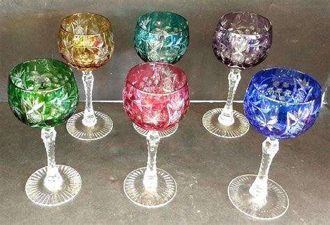 6 Multi Colored Bohemian Crystal Wine Glasses