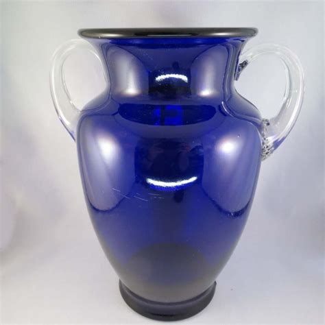 Vintage Cobalt Blue Glass Vase With Clear Applied Handles Large From