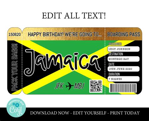Jamaica Boarding Pass Template Trip To Montego Bay Airplane Etsy