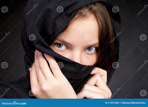 beautiful woman hiding  face  stock photo image  chador fashion