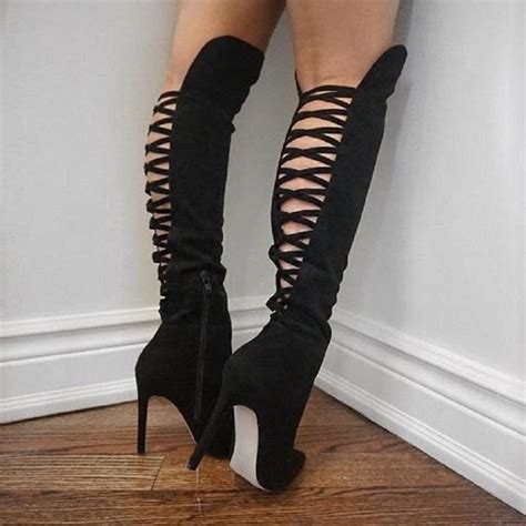 women ladies thigh high heel boots over the knee party lace up boots shoes