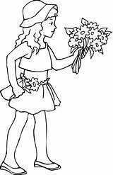 Girl Holding Coloring Flowers Bouquet Pages Drawing Printable Hand Line Flower Girls Main Kids sketch template