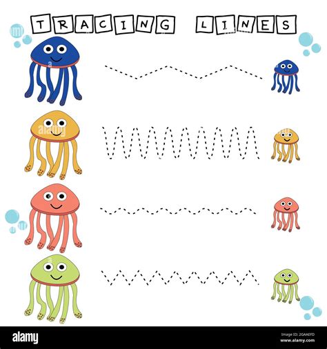 tracing lines game  funny jellyfish worksheet  preschool kids