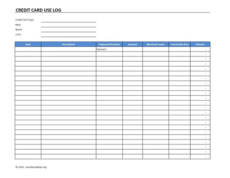 credit card  log template excel templates excel spreadsheets