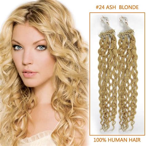 24 Inch Lustrous 24 Ash Blonde Curly Micro Loop Hair Extensions 100