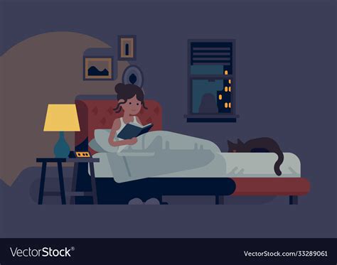 Woman Reading In Her Bed Before She Go To Sleep Vector Image