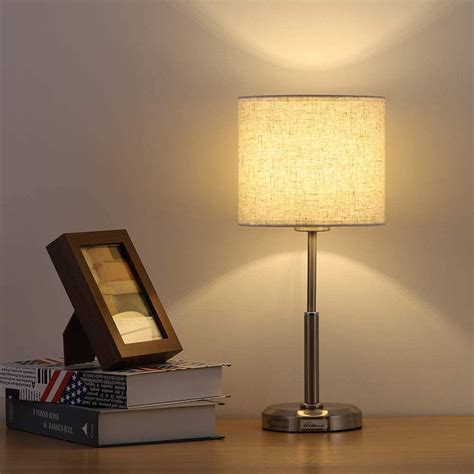 small table lamp brushed steel bedside lamp  linen fabric shade  metal base nightstand
