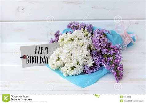 beautiful bouquet  lilac  happy birthday card stock photo image