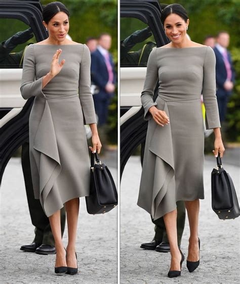 meghan markle for day two in dublin meghan wore a grey dress with her favourite neckline