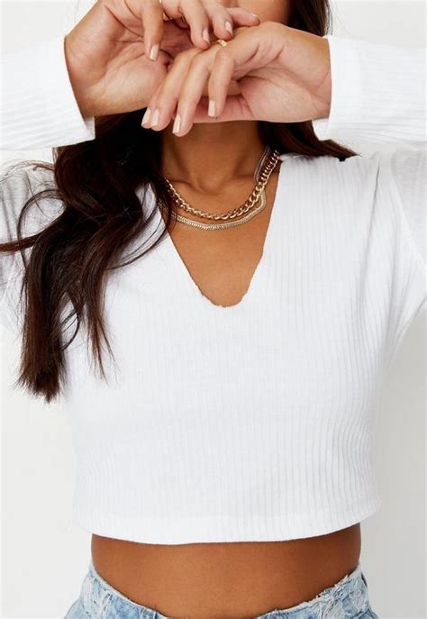 white ribbed notch neck crop top missguided