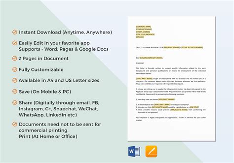 personal reference check letter template  word google docs apple pages