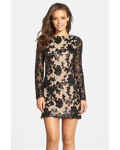 dress the population grace sequin lace long sleeve shift dress in black lyst