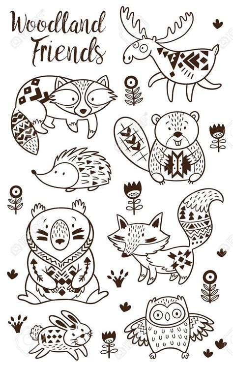 woodland animal coloring pages  kids hand drawn vector   white