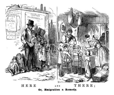 cartoon from 1849 contrasting the hardships of life in britain and europe with the prosperity of