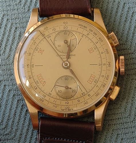 vintage  pink gold chronographe suisse  trebors vintage watches