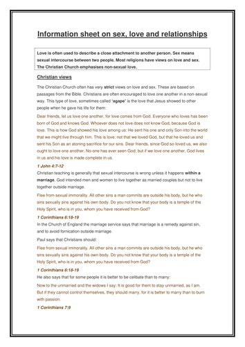 sex and relationships information sheet teaching resources
