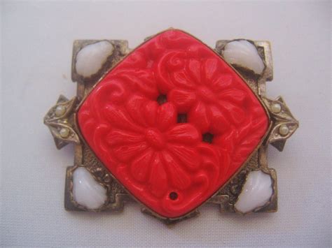 Vintage Czech Red Pressed Glass Pin Brooch From Vintagejewelrylounge On