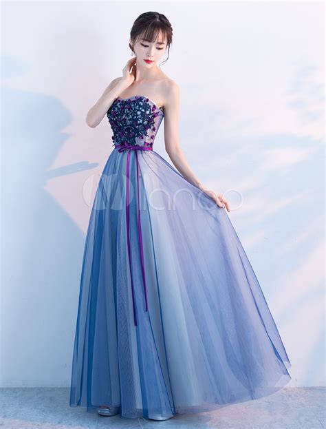 blue prom dresses long tulle sweetheart strapless lace flowers floor