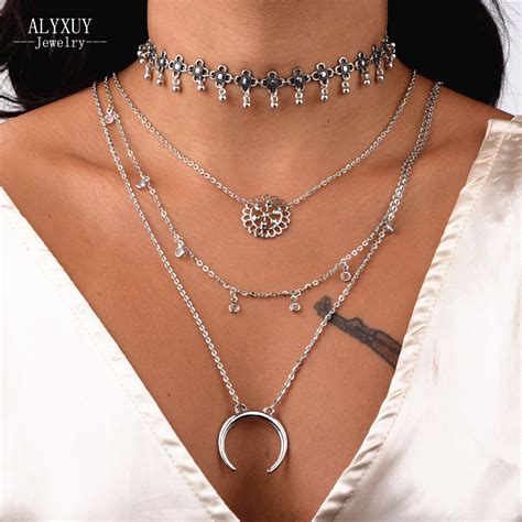 fashion trendy jewelry moon multilayer stone chain necklace gift  women girl
