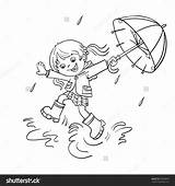 Coloring Rain Outline Girl Cartoon Puddle Clipart Pages Jumping Playing Joyful Winter Templates Painting Shutterstock Getcolorings Color Umbrella People Paper sketch template