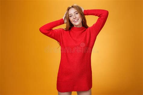 Romantic And Sensual Cute Ginger Girlfriend In Elegant Warm Red Winter