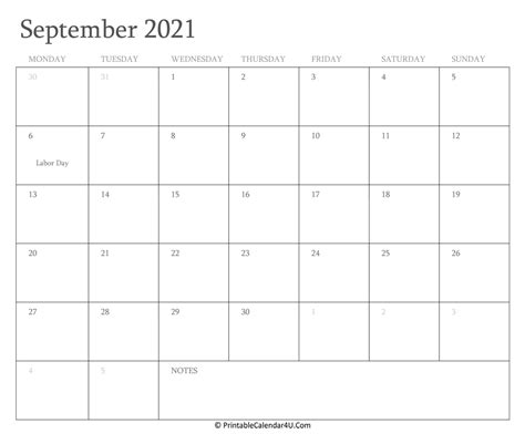 september  calendar printable  holidays