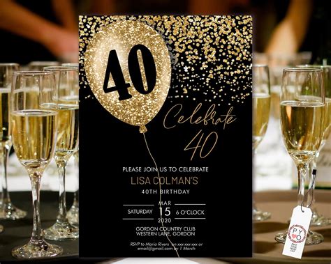Diy 40th Birthday Balloon Invitation Printable Template Black Gold