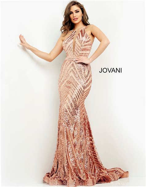 jovani  rose gold long fitted embellished prom dress