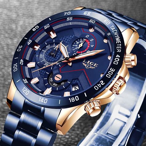 lige   fashion mens watches  stainless steel top brand luxury sports chronograph