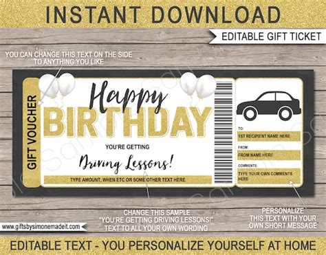 driving lessons gift voucher template certificate ticket printable