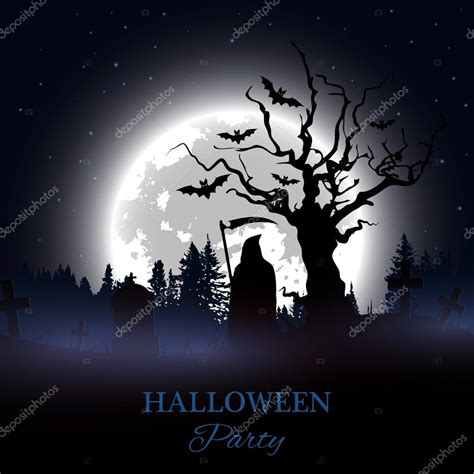halloween party poster background with spooky graveyard naked tree graves bats and grim