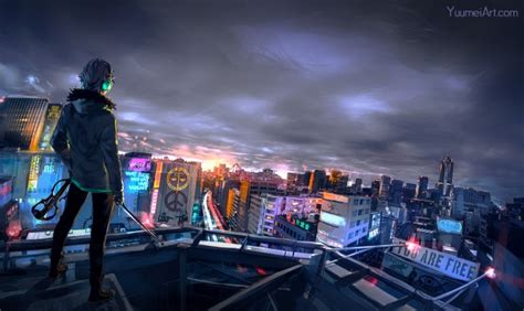 wallpaper anime boy hoodie night cityscape rooftop
