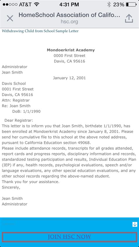 sample letter  withdraw  child  school   homeschooling