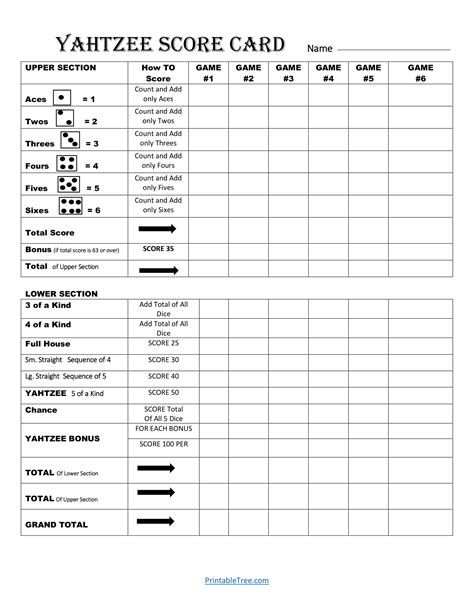 yardzee score card  printable  printable card