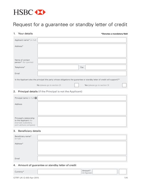 standby letter  credit sample hsbc fill  printable fillable