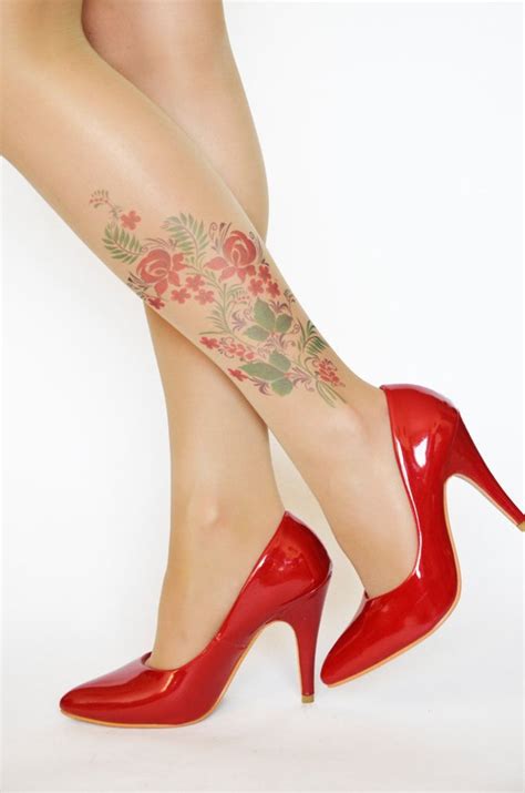 Items Similar To Tattoo Tights With Flowers Print Printed Handmade