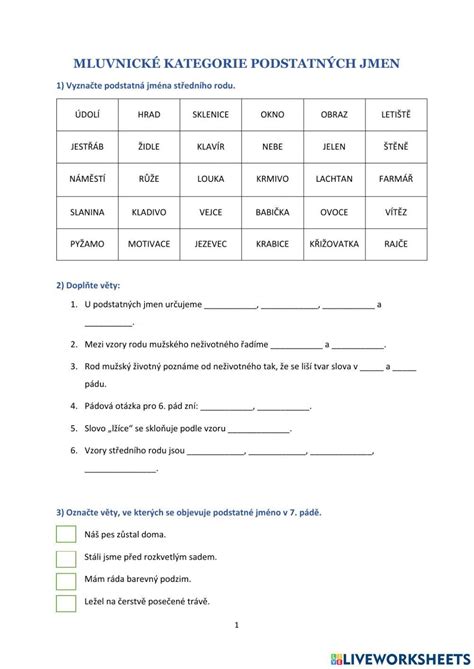 pracovni list mluvnicke kategorie podstatnych jmen worksheet  worksheets