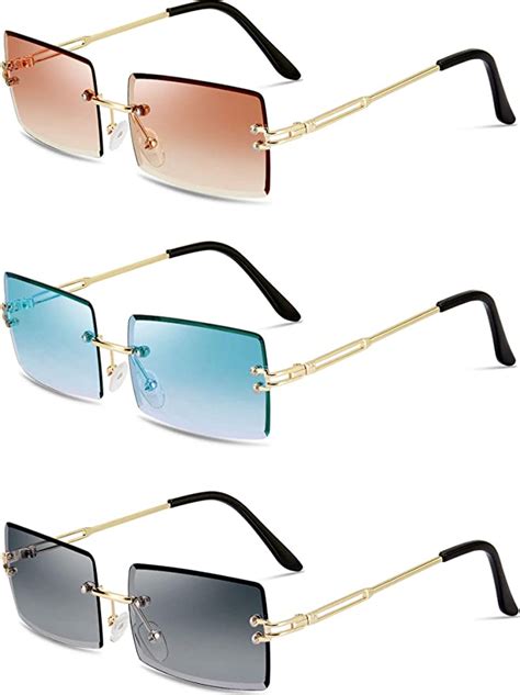 3 Pairs Rimless Rectangle Sunglasses Tinted Frameless Eyewear Vintage