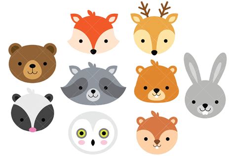 woodland animal faces clip art  illustrations design bundles