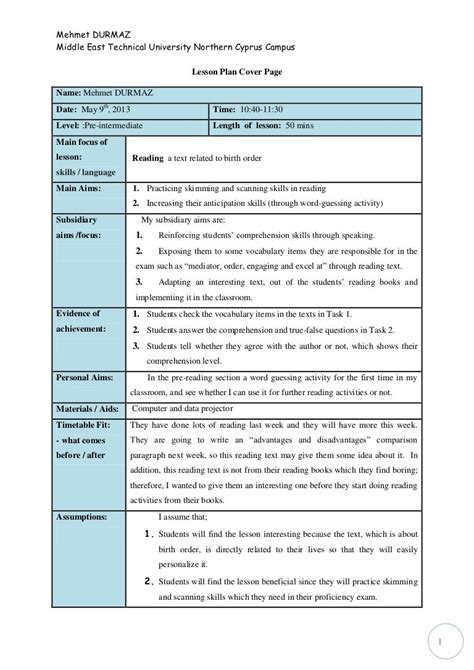 reading lesson plan template