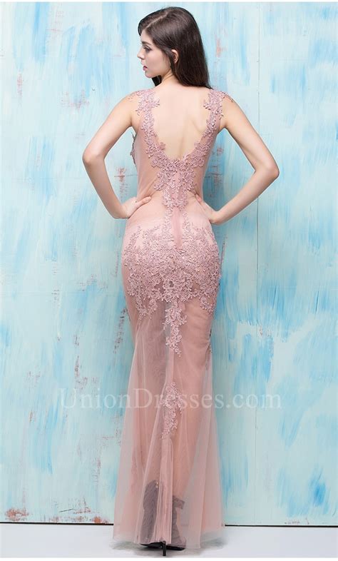 sexy fitted v neck sheer see through dusty rose tulle lace evening prom