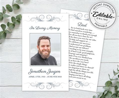 editable funeral prayer card template printable memorial prayer card