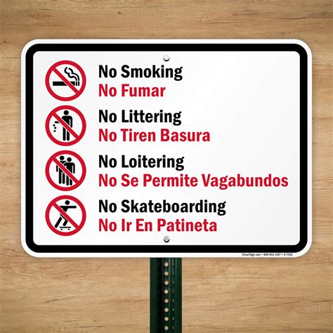 bilingual  smoking  littering  skateboarding sign sku